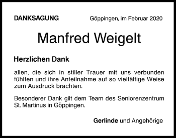 Traueranzeige von Manfred Weigelt von NWZ Neue Württembergische Zeitung