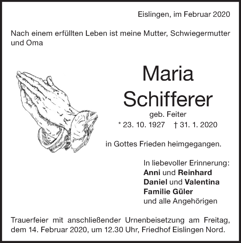  Traueranzeige für Maria Schifferer vom 08.02.2020 aus NWZ Neue Württembergische Zeitung