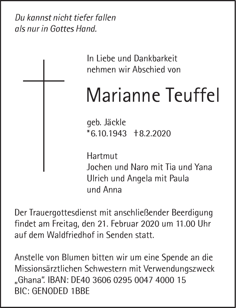  Traueranzeige für Marianne Teuffel vom 17.02.2020 aus SÜDWEST PRESSE Ausgabe Ulm/Neu-Ulm