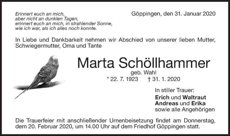 Traueranzeige für Marta Schöllhammer vom 14.02.2020 aus NWZ Neue Württembergische Zeitung