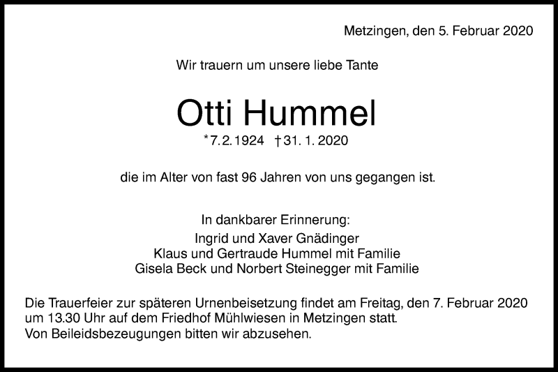  Traueranzeige für Otti Hummel vom 05.02.2020 aus Metzinger-Uracher Volksblatt