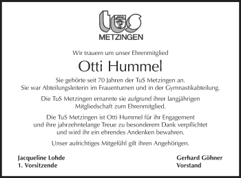 Traueranzeige von Otti Hummel von Metzinger-Uracher Volksblatt
