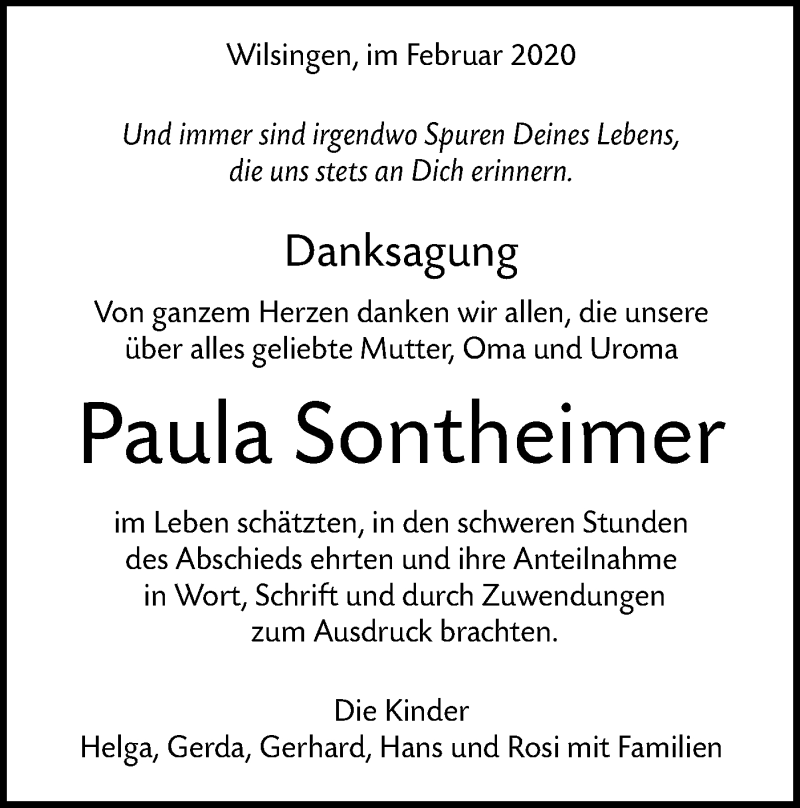  Traueranzeige für Paula Sontheimer vom 12.02.2020 aus Alb-Bote/Metzinger-Uracher Volksblatt