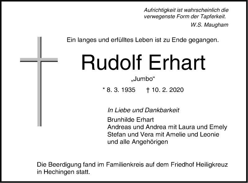  Traueranzeige für Rudolf Erhart vom 15.02.2020 aus Hohenzollerische Zeitung