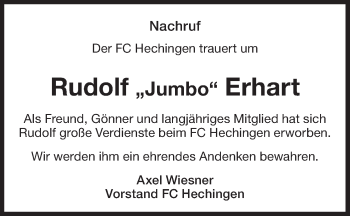 Traueranzeige von Rudolf Erhart von Hohenzollerische Zeitung