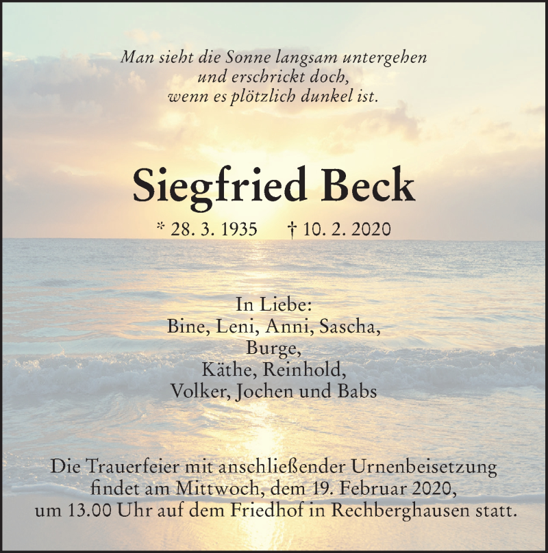  Traueranzeige für Siegfried Beck vom 15.02.2020 aus NWZ Neue Württembergische Zeitung