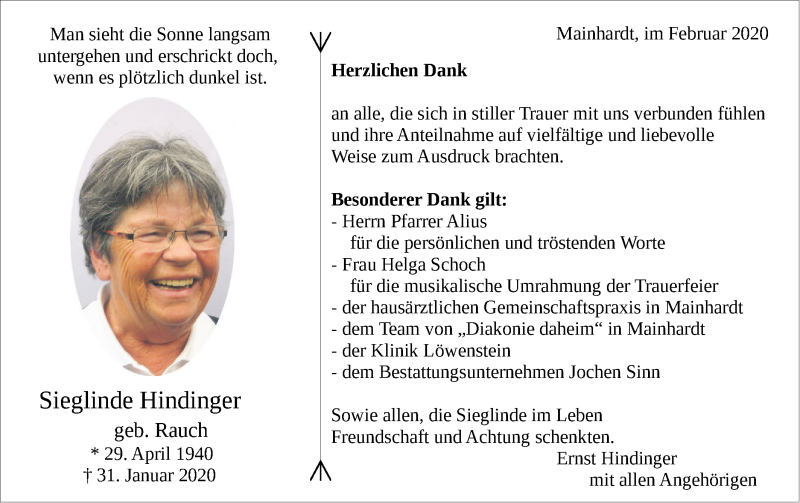  Traueranzeige für Sieglinde Hindinger vom 22.02.2020 aus Haller Tagblatt
