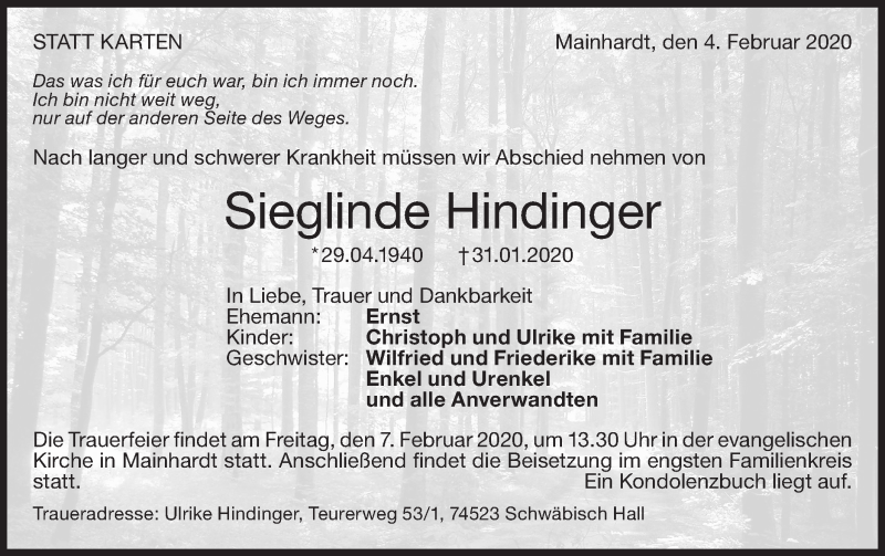  Traueranzeige für Sieglinde Hindinger vom 04.02.2020 aus Haller Tagblatt