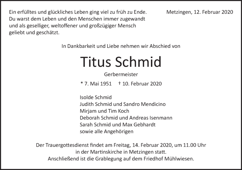  Traueranzeige für Titus Schmid vom 12.02.2020 aus Metzinger-Uracher Volksblatt