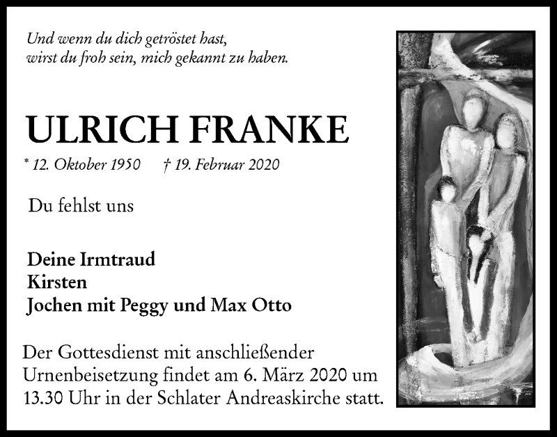  Traueranzeige für Ulrich Franke vom 29.02.2020 aus NWZ Neue Württembergische Zeitung