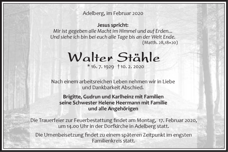  Traueranzeige für Walter Stähle vom 13.02.2020 aus NWZ Neue Württembergische Zeitung
