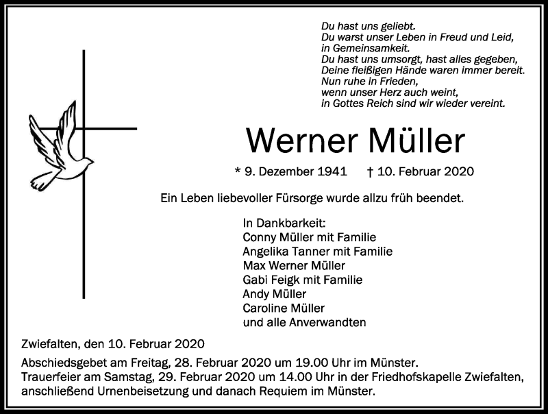  Traueranzeige für Werner Müller vom 26.02.2020 aus Alb-Bote/Metzinger-Uracher Volksblatt