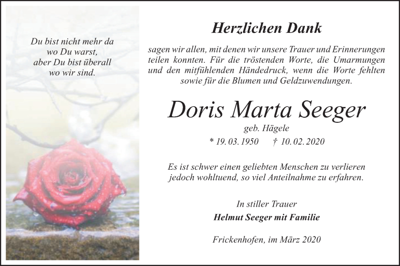  Traueranzeige für Doris Marta Seeger vom 14.03.2020 aus Rundschau Gaildorf