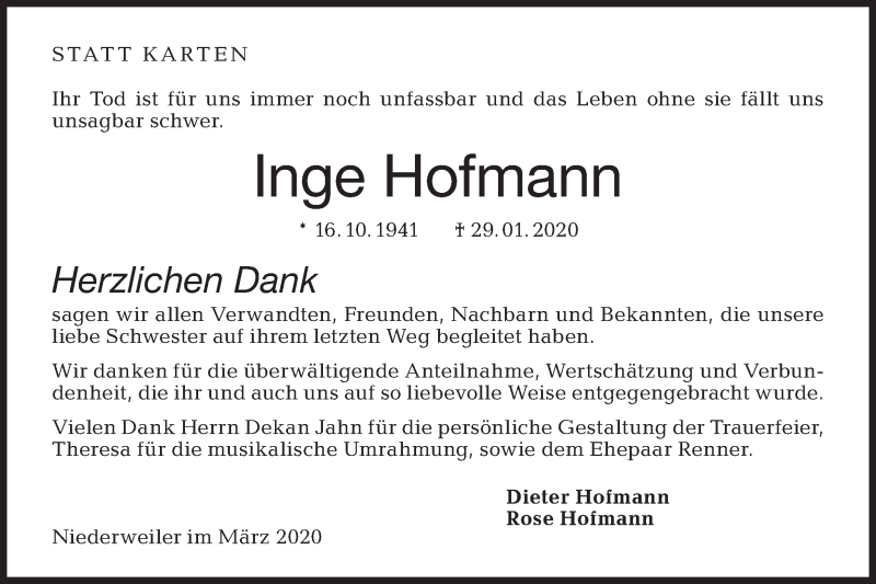  Traueranzeige für Inge Hofmann vom 19.03.2020 aus Hohenloher Tagblatt