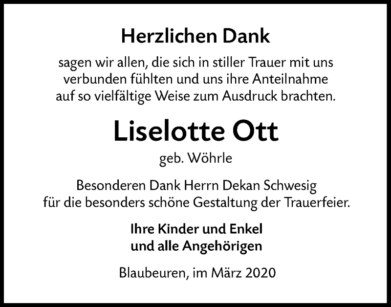  Traueranzeige für Liselotte Ott vom 27.03.2020 aus SÜDWEST PRESSE