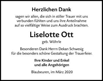 Traueranzeige von Liselotte Ott von SÜDWEST PRESSE