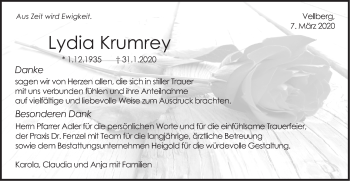 Traueranzeige von Lydia Krumrey von Haller Tagblatt