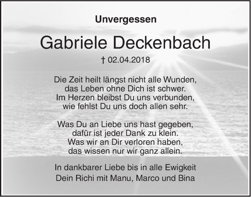  Traueranzeige für Gabriele Deckenbach vom 02.04.2020 aus SÜDWEST PRESSE Ausgabe Ulm/Neu-Ulm
