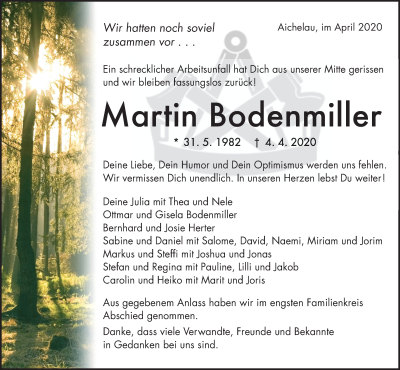  Traueranzeige für Martin Bodenmiller vom 11.04.2020 aus Alb-Bote/Metzinger-Uracher Volksblatt