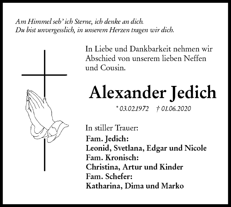  Traueranzeige für Alexander Jedich vom 08.06.2020 aus Hohenloher Tagblatt