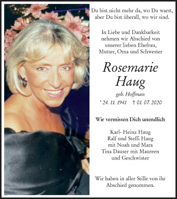 Traueranzeige von Rosemarie Haug von SÜDWEST PRESSE Ausgabe Ulm/Neu-Ulm