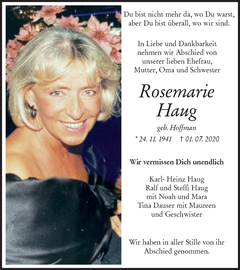  Traueranzeige für Rosemarie Haug vom 11.07.2020 aus SÜDWEST PRESSE Ausgabe Ulm/Neu-Ulm