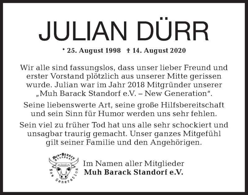  Traueranzeige für Julian Dürr vom 21.08.2020 aus Hohenloher Tagblatt