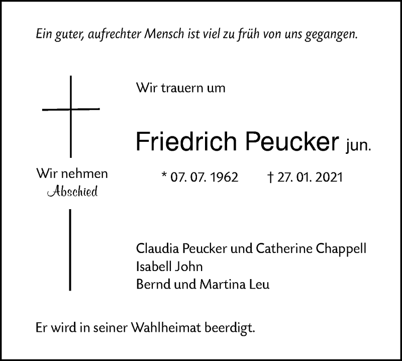  Traueranzeige für Friedrich Peucker jun. vom 30.01.2021 aus SÜDWEST PRESSE Ausgabe Ulm/Neu-Ulm