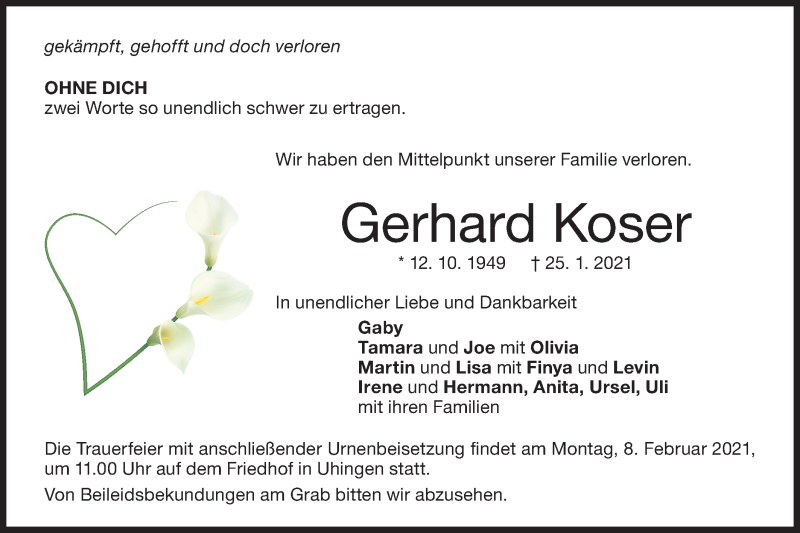  Traueranzeige für Gerhard Koser vom 28.01.2021 aus NWZ Neue Württembergische Zeitung