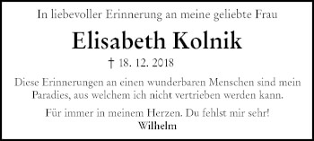 Traueranzeige von Elisabeth Kolnik von NWZ Neue Württembergische Zeitung