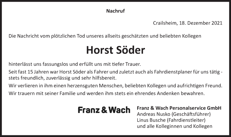  Traueranzeige für Horst Söder vom 30.12.2021 aus Hohenloher Tagblatt