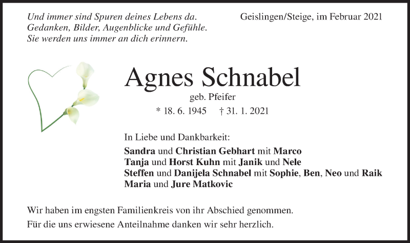  Traueranzeige für Agnes Schnabel vom 11.02.2021 aus Geislinger Zeitung