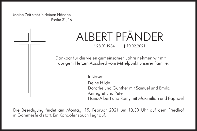  Traueranzeige für Albert Pfänder vom 13.02.2021 aus Hohenloher Tagblatt