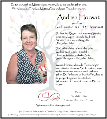 Traueranzeige von Andrea Horwat von NWZ Neue Württembergische Zeitung