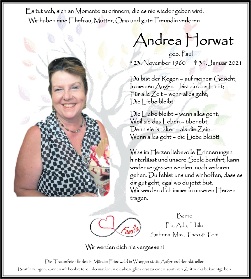  Traueranzeige für Andrea Horwat vom 12.02.2021 aus NWZ Neue Württembergische Zeitung