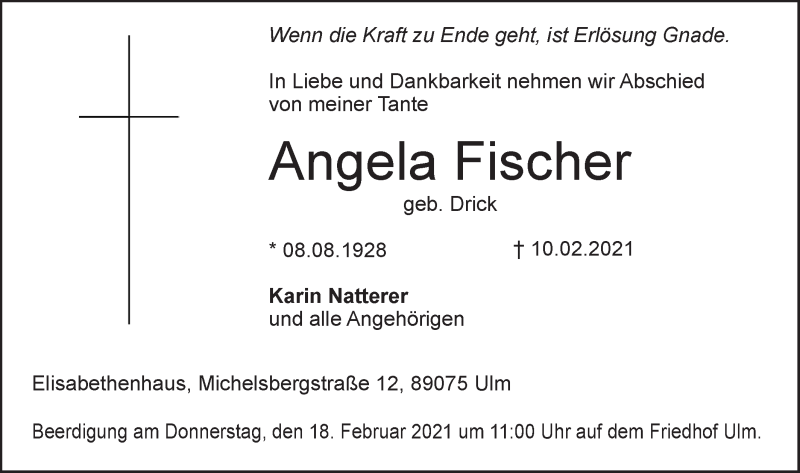  Traueranzeige für Angela Fischer vom 16.02.2021 aus SÜDWEST PRESSE Ausgabe Ulm/Neu-Ulm