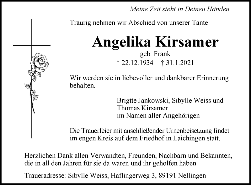  Traueranzeige für Angelika Kirsamer vom 10.02.2021 aus Geislinger Zeitung