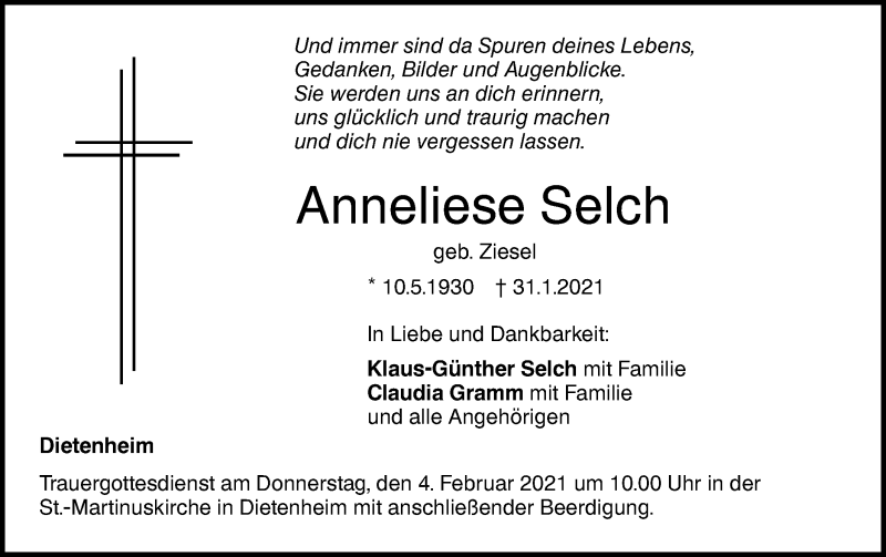  Traueranzeige für Anneliese Selch vom 02.02.2021 aus Illertal Bote