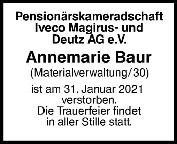 Traueranzeige von Annemarie Baur von SÜDWEST PRESSE Ausgabe Ulm/Neu-Ulm