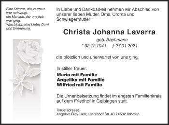 Traueranzeige von Christa Johanna Lavarra von Haller Tagblatt
