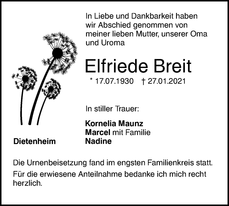  Traueranzeige für Elfriede Breit vom 13.02.2021 aus Illertal Bote