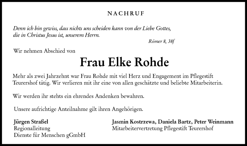  Traueranzeige für Elke Rohde vom 24.02.2021 aus Haller Tagblatt/Rundschau Gaildorf
