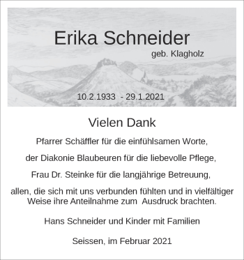 Traueranzeige von Erika Schneider von SÜDWEST PRESSE
