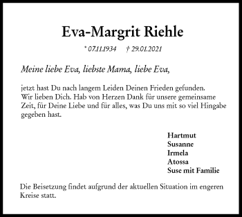 Traueranzeige von Eva-Margrit Riehle von Haller Tagblatt