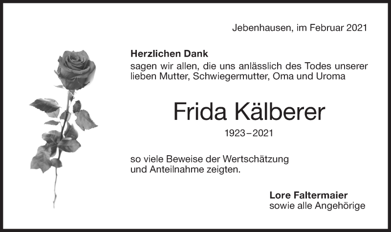  Traueranzeige für Frida Kälberer vom 20.02.2021 aus NWZ Neue Württembergische Zeitung