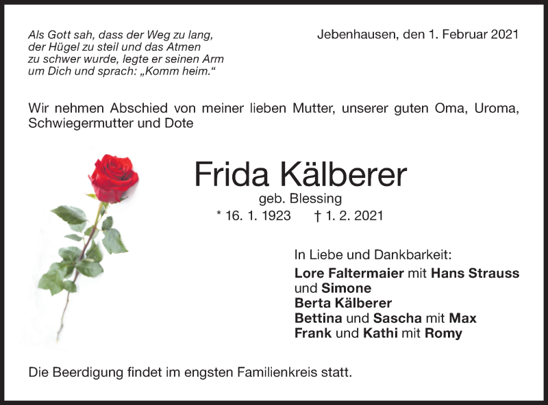  Traueranzeige für Frida Kälberer vom 03.02.2021 aus NWZ Neue Württembergische Zeitung