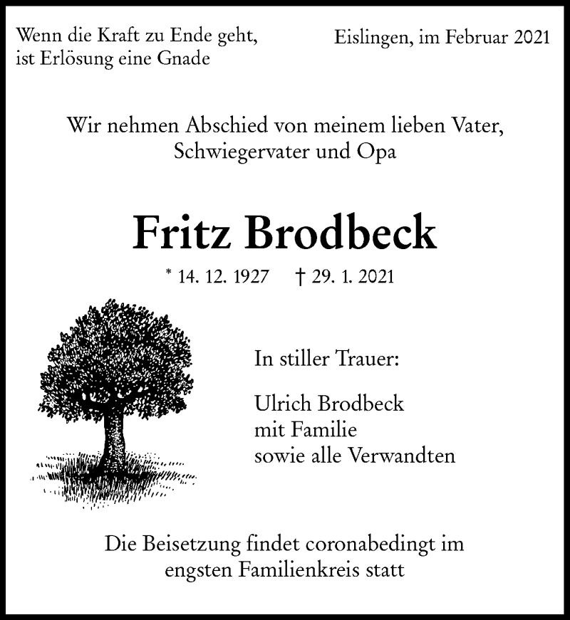  Traueranzeige für Fritz Brodbeck vom 04.02.2021 aus NWZ Neue Württembergische Zeitung
