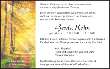 Traueranzeige von Gerda Köhn von Haller Tagblatt