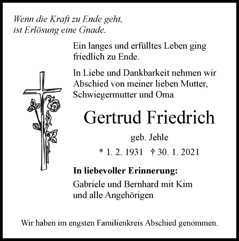  Traueranzeige für Gertrud Friedrich vom 03.02.2021 aus SÜDWEST PRESSE Ausgabe Ulm/Neu-Ulm