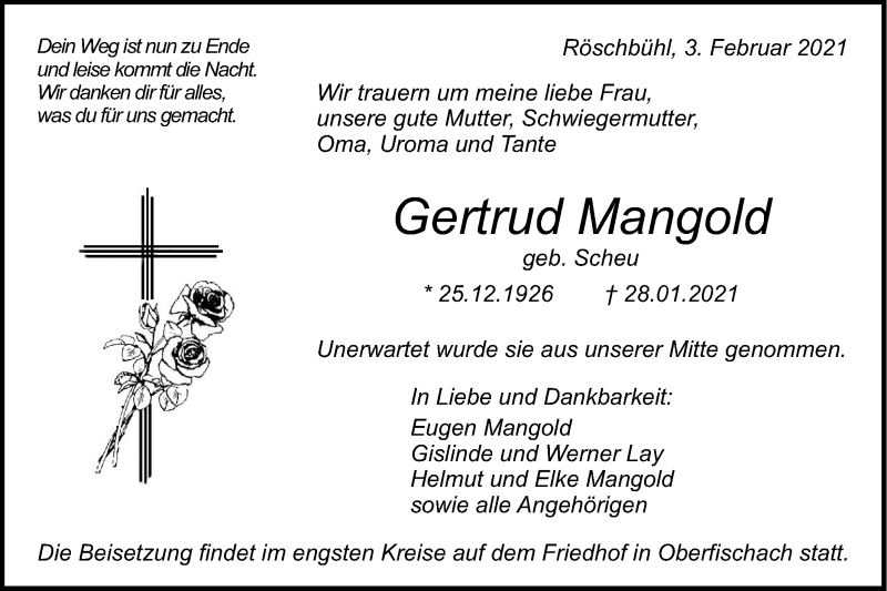  Traueranzeige für Gertrud Mangold vom 03.02.2021 aus Haller Tagblatt